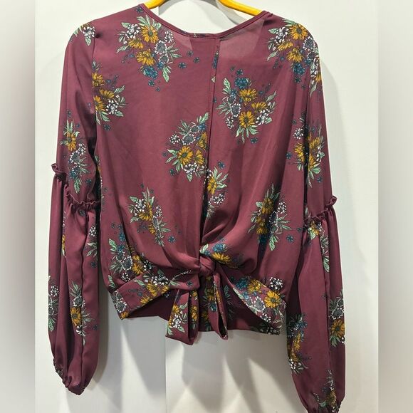 Windsor Wine Floral Wrap Blouse | Long Sleeve Tie Back | XL - Picture 2 of 5